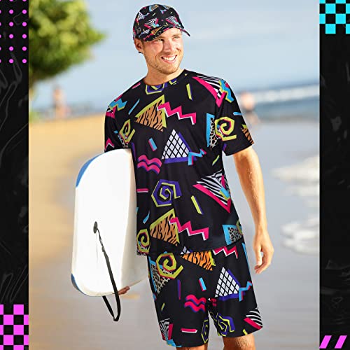 Men's 2 Pieces 80s 90s Outfit Retro Shirts and Shorts Set with Baseball Cap Hawaiian Summer Tracksuit for Summer Disco Party (Stylish Style, Large)