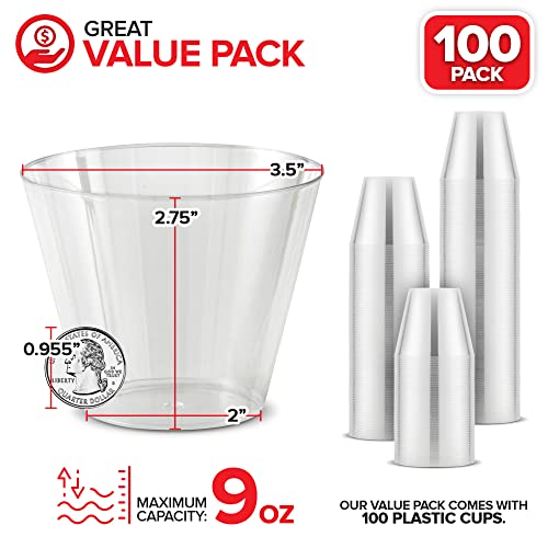 Stock Your Home 9 oz Clear Disposable Plastic Cups (100 Pack) Elegant Tumblers Glasses for Birthday Parties, Weddings, Holidays, Dessert Tumbler, Bulk Drinking Cup for Fruit Punch, Cocktails, Wine