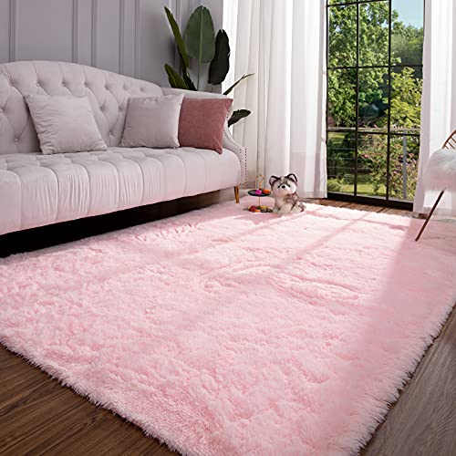 Keeko Premium Fluffy Pink Area Rug Cute Shag Carpet, Extra Soft and Shaggy Carpets, High Pile, Indoor Fuzzy Rugs for Bedroom Girls Kids Living Room Home, 4x5.3 Feet