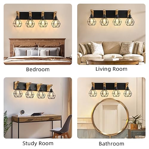 4-Light Farmhouse Vanity Light for Bathroom, Wood Bathroom Light Fixtures Over Mirror, Rustic Sconces Wall Lighting with Elegant Metal Lampshade for Living Room, Bedroom, Hallway