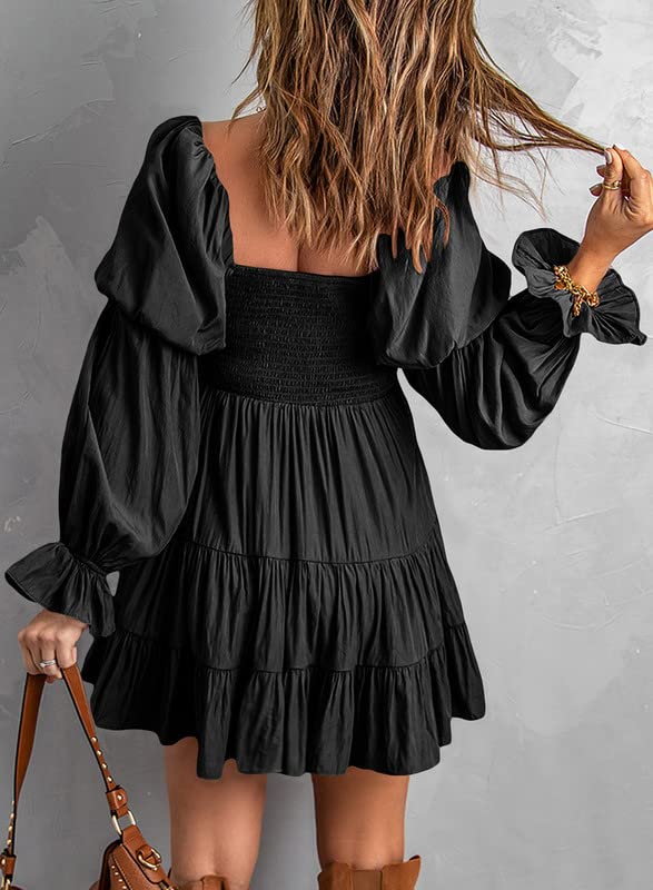 Dokotoo Womens Juniors Cute Spring Casual Summer Dress Sexy Off The Shoulder V Neck Lantern Long Sleeve Ruffle Solid Flowy Empire Waist Mini Short Dress Party Skater Dresses for Women Black X-Large