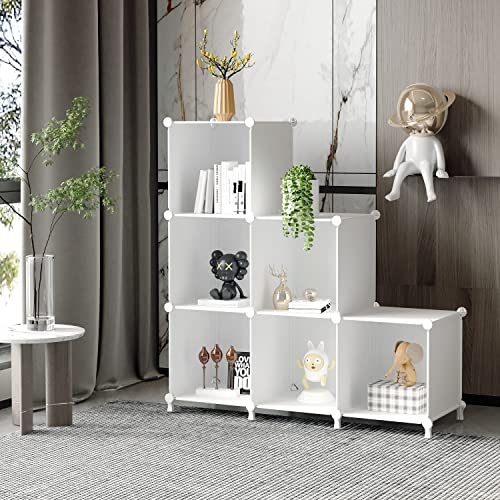 AWTATOS Cube Storage Organizer, Shelves Bookshelf, 6 Cube Closet Organizers and Storage, DIY Stackable Plastic Clothes Organizer Shelving for Bedroom, Home Office, White