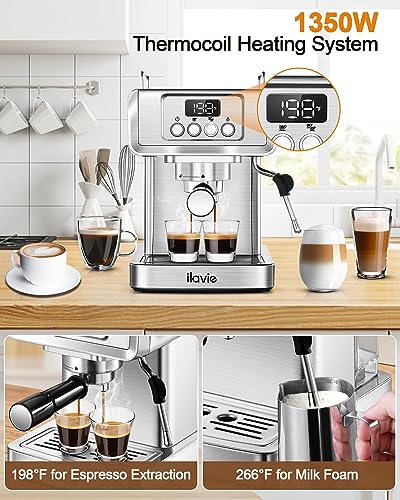 ILAVIE 20 Bar Espresso Machine, Stainless Steel Espresso Coffee Machine for Cappuccino, Latte, Espresso Maker for Home, Automatic Espresso Machine with Milk Steamer, 1.8L Water Tank, 1350W