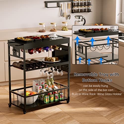 DDJ Black Bar Carts for The Home Bar Serving Cart,3 Tier Mobile Kitchen Storage Trolley,Wine Rack Cart,Glass Holder,Bottle Opener,Removable Tray,Outdoor Drink Beverage Mini Small Bar Cart with Wheels