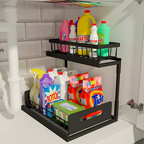 Under Sink Organizer, REALINN 2-Tier Pull Out Cabinet Organizer Under Kitchen Sink Organizer, Under Cabinet Storage Multi-Use for Bathroom Laundry Kitchen