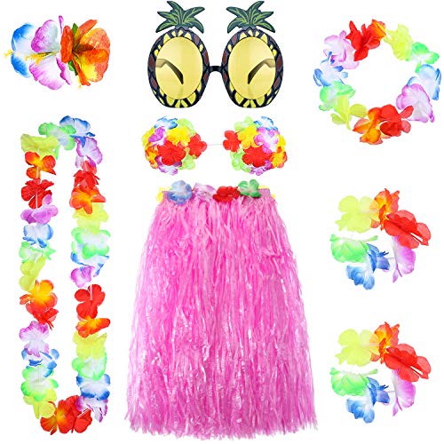 8 Pieces Hawaiian Grass Hula Skirt Costume Set Necklace Garland Bracelet Bikini Top for Women Tropical Luau Party Decoration (Pink Skirt)