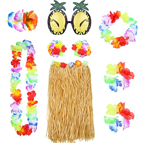 Gejoy 8 Pieces Hawaiian Grass Hula Skirt Costume Set Necklace Garland Bracelet Bikini Top for Women Tropical Luau Party Decoration (Natural Color Skirt)