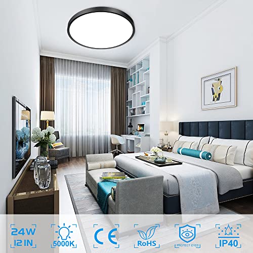 2 Pack LED Flush Mount Ceiling Light Fixture, 12 Inch 24W, Modern Flat Black Ceiling Lighting Fixture, 5000K Daylight White, 3200LM Low Profile Ceiling Lamp for Bedroom, Living Room, Hallway, Kitchen