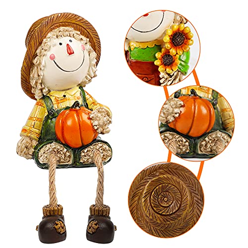Lulu Home Fall Figurines, Set of 2 Resin Scarecrow Shelf Sitters with Dangling Legs, Fruit Harvest Sculpture for Window Sill Kitchen Tabletop Autumn Home Decoration