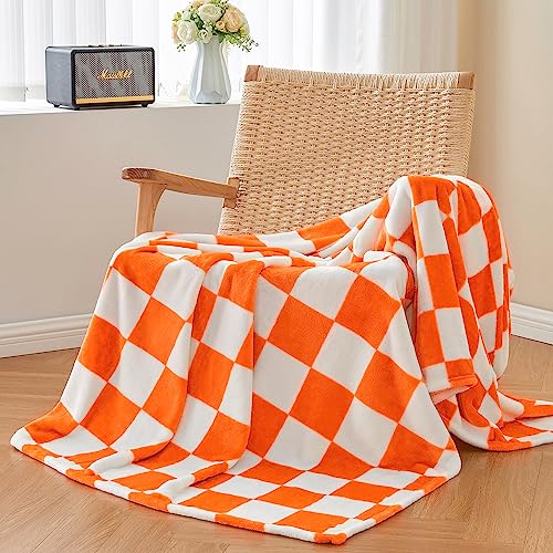 BEDELITE Checkered Throw Blanket for Couch and Bed, Luxurious Decorative Fleece Blanket with Checkerboard Grid Home Decor, Soft and Cozy Orange and White Fall Throw Blanket, 50"x60"