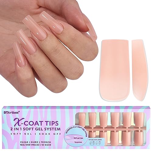 Long Square Gel Nail Tips - BTArtboxnails Nude Peach Soft Gel Nail Tips, 2 in 1 Neutral X-coat Tips Pre-applied Tip Primer, Stronger Adhesion Press On Fake Nails for Nail Extension