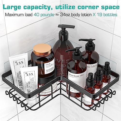 YASONIC Corner Adhesive Shower Caddy, with Soap Holder and 12 Hooks, Rustproof Stainless Steel Bathroom Organizer, No Drilling Wall Mounted Rack, Black, 3-Pack