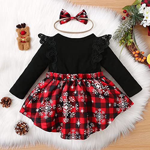 1st Christmas Outfit Newborn Baby Girl Flutter Lace Long Sleeve Top Floral Skirt Bodysuit Xmas Dress Headband (Red-Plaid, 6-9 Months)