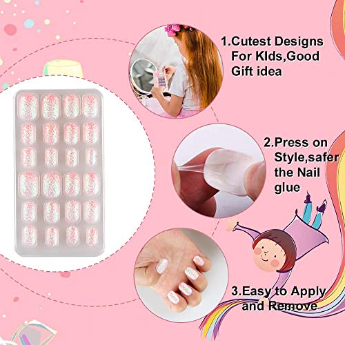 TXMOYI 24 Pieces Kids Press on Nails Pre-glue Children False Nails Stick on Short Full Cover Artificial Fake Nails Holo Glitter Acrylic Nail Tips for Little Girls Gift Nail Art Designs