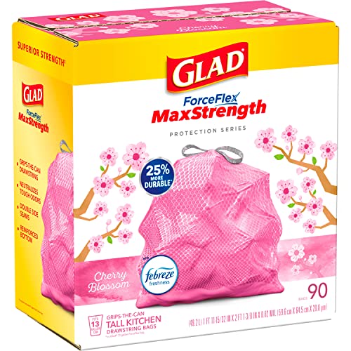 Glad ForceFlex MaxStrength Tall Kitchen Drawstring Trash Bags, 13 Gallon, Cherry Blossom with Febreze Freshness, 90 Count