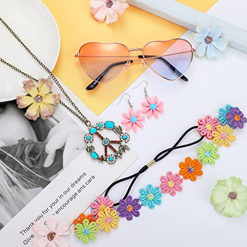 4 Pcs Hippie Costume Accessories Set 70s Peace Sign 60s Outfits for Women Necklace Daisy Earrings Flower Headband Sunglasses (Rainbow Style)