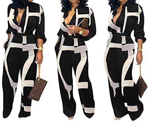 Business Jumpsuits For Women Elegant V Neck Zipper Long Sleeve Sexy Contrast Printing Decorative Strap Straight Long Pants Rompers With Pockets