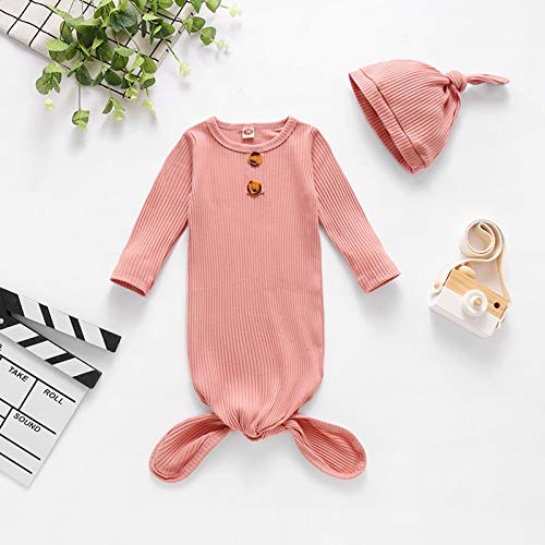 BASKOPA Baby Knotted Sleeper Gown Unisex Boys Girls Sleepsuits with Mitten Cuffs and Matching Hat Baby Coming Home Outfit Pink