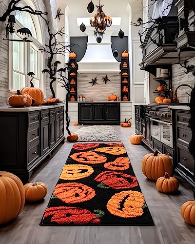 DEXDE Fall Halloween Bathroom Rugs Runner Pumpkins Long Bath Mat for Autumn Harvest Thanksgiving Home Decor, Soft Luxury Plush Non-Slip Carpet for Hallway Bedroom Kitchen, Orange Yellow 20x60