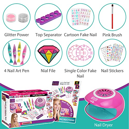 Amagoing Nail Art Kit for Girls, Kids Nail Polish Play Set with Nail Dryer, 2 in 1 Nail Pens,Sticky Cartoon Fake Nail, DIY Sticker, Nail Studio Decoration Birthday Christmas Gift for Kids Age 6-12