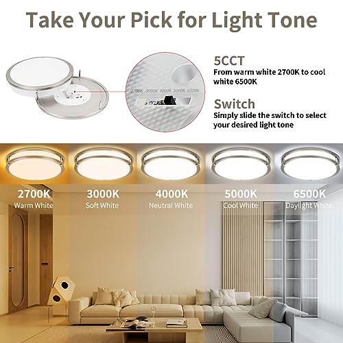 13Inch 36W Ceiling Light Fixtures 2 Packs, 5CCT LED Flush Mount Ceiling Mount Lights 2700K 3000K 4000K 5000K 6500K, Dimmable Close to Ceiling Lighting for Bathroom Kitchen Stairwell Bedroom, Nickel