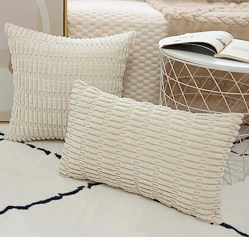 Henzxi Pack of 2 Corduroy Decorative Throw Pillow Covers 18x18 Inch Soft Striped Square Boho Pillow Covers Modern Farmhouse Home Decor for Sofa Living Room Couch Bed Cream White