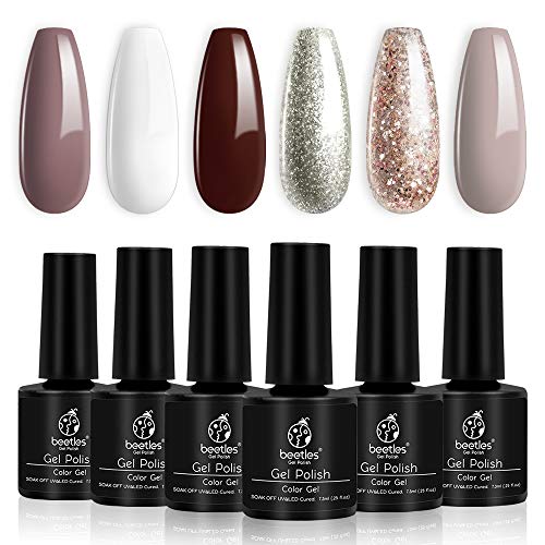 Beetles Holiday Gel Nail Polish Set - 6 Colors Burgundy Red Brown Champagne Gold Brown Gel Polish Kit Snow White Nude Grey Soak off Nail Lamp Gel Polish Gel Nail Manicure Kit DIY Gift