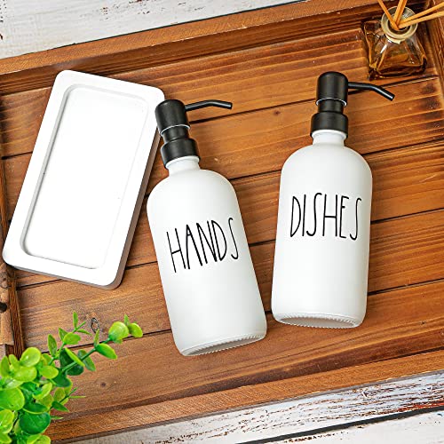 White Glass Kitchen Soap Dispenser Set with Tray by Brighter Barns - Hand and Dish Soap Dispenser for Kitchen Sink - Farmhouse Soap Dispenser Set - Modern Farmhouse Kitchen Decor, Home Decor (White)