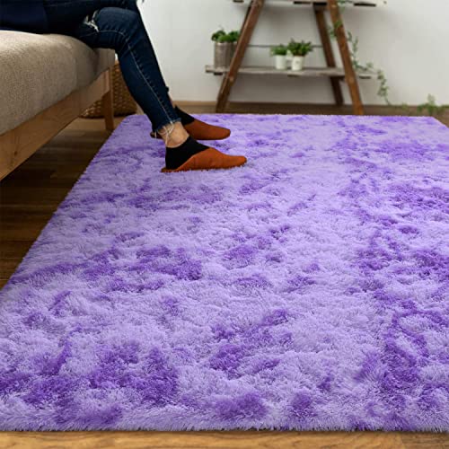 DweIke Large Fluffy Area Rugs for Bedroom Living Room, 6x9 Feet Indoor Carpets for Boys Girls Teenagers and Adults, Tie-Dyed Fuzzy Rugs, Super Soft Kids' Rugs, Nursery Decor Rugs, Purple