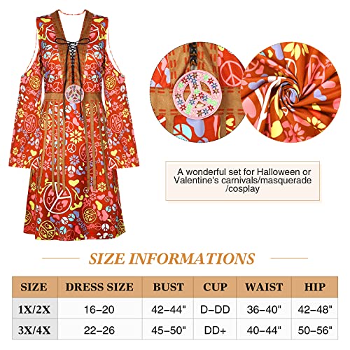 Zhanmai 70s Hippie Women Costume Disco Dress Outfit Flower Headband Ankle Socks Peace Sign for Ladies Costume Cosplay Party (XXL)