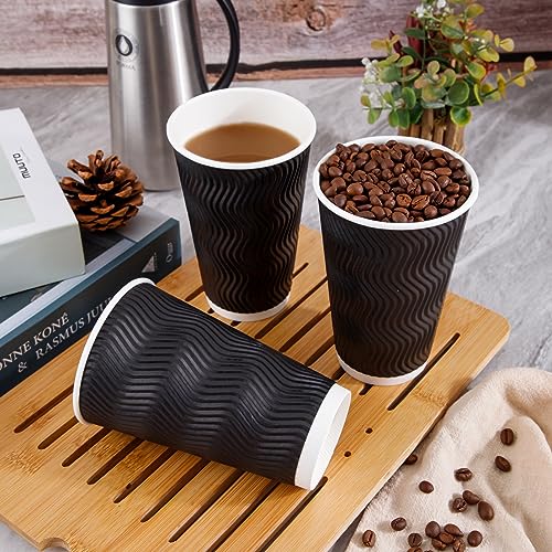 U-QE 100 PCS 16 oz Disposable Coffee Cups, Black Paper Coffee Cups with Ripple Wall, Insulated Disposable Paper Cups for Coffee/Hot Chocolate Drinks, Hot Coffee Cups Perfect for Home, Office and Cafes