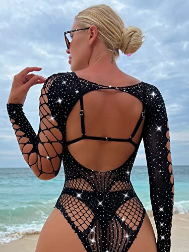 Milumia Women's Fishnet Rhinestone Bodysuit Top Cut Out Sexy Mesh Teddy Bodysuit