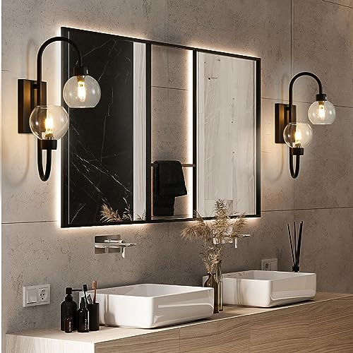 Bathroom Light Fixtures, Wall Sconces Lighting 2 Light Matte Black Finish Vanity Light Modern Wall Lighting Fixture with Clear Glass Shades Bath Wall Lamps for Mirror Bedroom Hallway Living Room