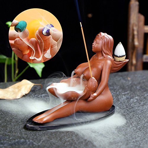 OTOFY Beauty Maid Red Porcelain Ceramic Incense Holder Backflow Incense Burner Incense Cone Sticks Holder Artwork Home Décor Craftwork Figurine