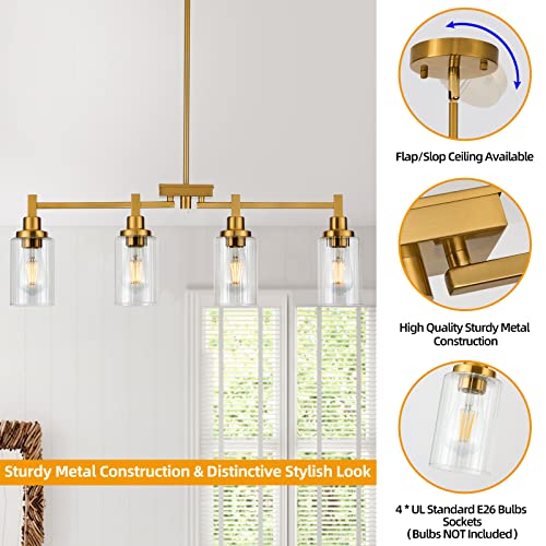 4-Lights Kitchen Island Lighting, Dining Room Chandelier Light Fixtures Over Table, Modern Linear Chandeliers with Fluted Clear Glass Shade Brushed Brass Ceiling Hanging for Living Room Bar Restaurant