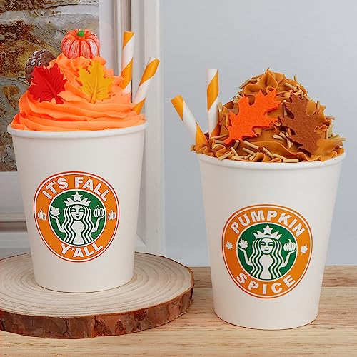 AKEROCK Fall Decor, 2 PCS Paper Cups Filled with Artificial Whipped Cream for Table, Tiered Tray, Coffee Bar - Fall Signs for Home Decor