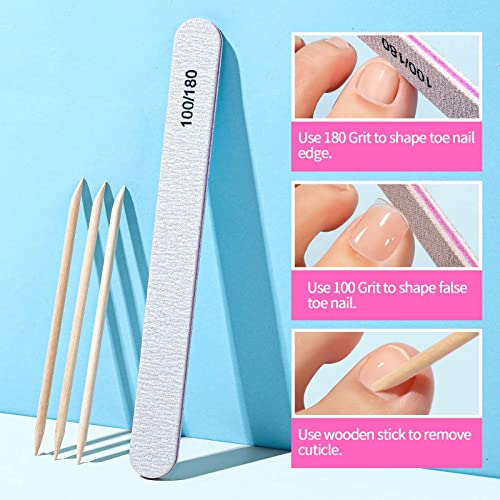 100pcs Clear Press on Fake Toe Nails with Nail Glue, Cuticle Pusher & Nail File, Teenitor Full Cover False Toenail Kit for Salon