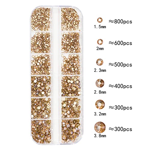 2920Pcs Champagne Gold Crystal Nail Rhinestones Round Flatback Rhinestones Multi Shape Nail Gemstones Gold Nail Glass Crystals Diamonds Jewelry for Nail Design Nail Rhinestones for Acrylic Nails kit