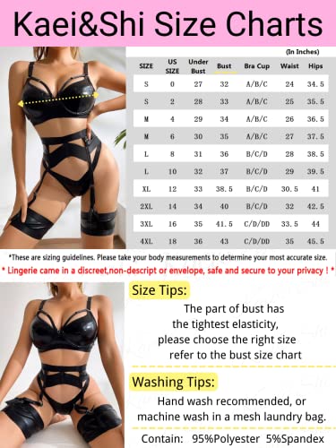 Kaei&Shi Garter Belt Thong Lingerie for Women,Strappy Hollow Out Sexy Lingerie,Underwire Mesh Sheer Matching 4 Piece Lingerie Set Boudoir Black Leather Medium