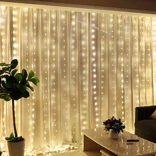 HXWEIYE 300LED Fairy Curtain Lights for Bedroom Warm White, 3mx3m 8 Modes USB Plug in Window Christmas Led String Hanging Lights with Remote for Backdrop Wedding Party Home Garden Outdoor Indoor