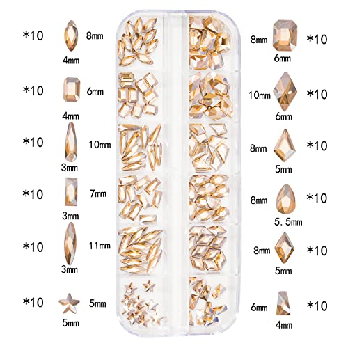 2920Pcs Champagne Gold Crystal Nail Rhinestones Round Flatback Rhinestones Multi Shape Nail Gemstones Gold Nail Glass Crystals Diamonds Jewelry for Nail Design Nail Rhinestones for Acrylic Nails kit