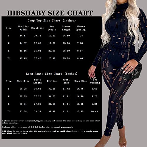 Sexy 2 Piece Outfits for Women Party Club Night, Sheer Mesh Hollow Out Long Sleeve Crop Top and High Waist Bodycon Pants Set Black S