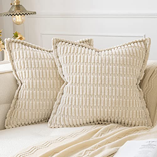 MIULEE Cream White Corduroy Decorative Throw Pillow Covers Pack of 2 Soft Striped Pillows Pillowcases with Broad Edge Modern Boho Home Decor for Couch Sofa Bed 18x18 Inch