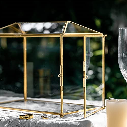 NCYP Gold Glass Cards Box with Slot and Lock for Wedding Reception - 10.2x5.9x7.9 Inches - Birthdays Party Card Holder, Home Geometric Decorative Box, Large Clear Terrarium (Glass Box Only)