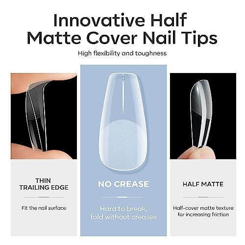 modelones Nail Tips and Glue Gel Kit, Gel x Nail Kit with 4 in 1 Nail Glue, 500Pcs Nail Tips Half Matte Medium Coffin Shape, Mini LED Nail Lamp, Nail Dehydrator for Easy, Fast Extension Nail Art