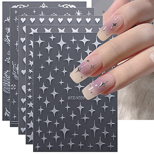 JMEOWIO 12 Sheets Moon Star Nail Art Stickers Decals Self-Adhesive Pegatinas Uñas Gold Silver Nail Supplies Nail Art Design Decoration Accessories