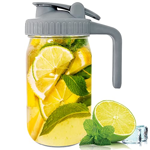 32 oz Pitcher Mason Jar - Heavy Duty Wide Mouth Jar with Flip Cap Lid and Pour Spout - Airtight Seal for Freshness and Convenience - Great for Cold Beverages, Breast Milk, and Home Entertaining