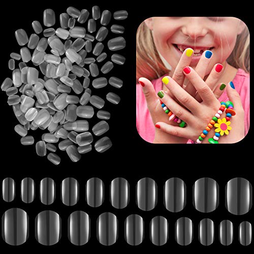 600 Pieces Children False Nails Natural Acrylic Nail Tips for Kids Little Girls Short Full Cover Fake Nails Artificial Fingernail Decoration, 10 Sizes (Clear)