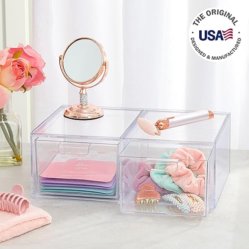 STORi Audrey Stackable Clear Bin Plastic Organizer Drawers | 2 Piece Set | Organize Cosmetics and Beauty Supplies on a Vanity | Made in USA