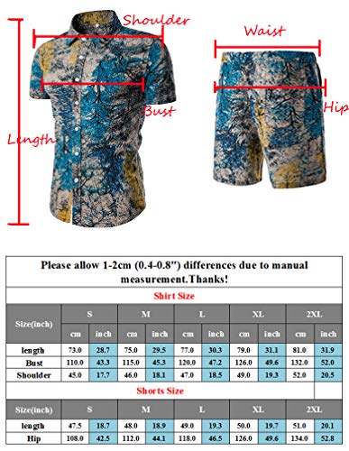 Tebreux Men's Floral Outfits 2 Piece Shirts and Shorts Suit Button Down Hawaiian TrackSuit Blue XL